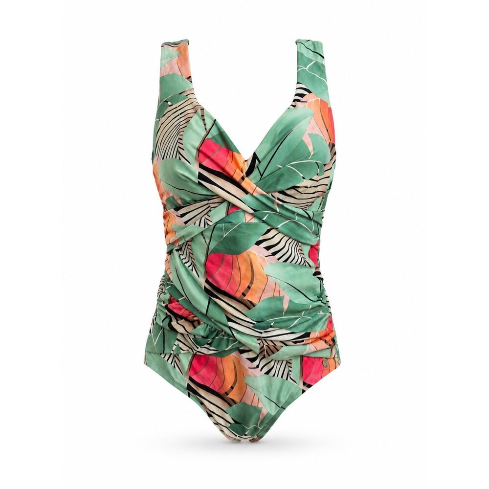 CALIA Tropical Leaf Print Ruched One Piece Swimsuit Size 12 Tummy Control